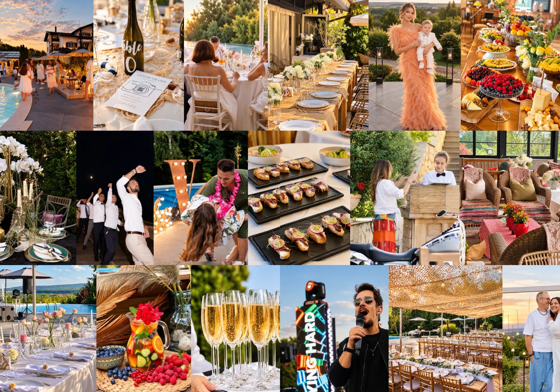 Private events at Manoria Estate: evening gatherings by the pool, table settings, buffet tables and celebrations