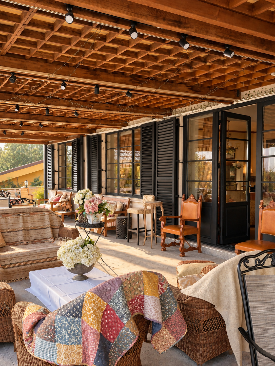 Covered manor terrace with wooden beams, flowers and seating