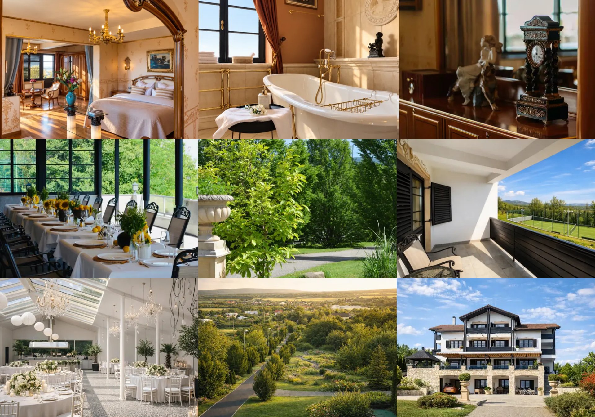 Manoria Estate gallery showing a suite, bathroom, artworks, dining terrace, gardens, balcony, event space, orchard and manor exterior