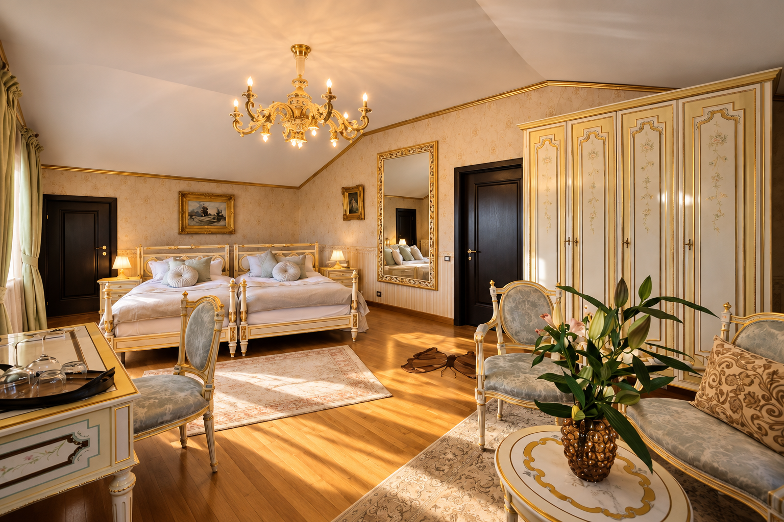 The Italian Room with two single beds, a crystal chandelier and a gilded armoire