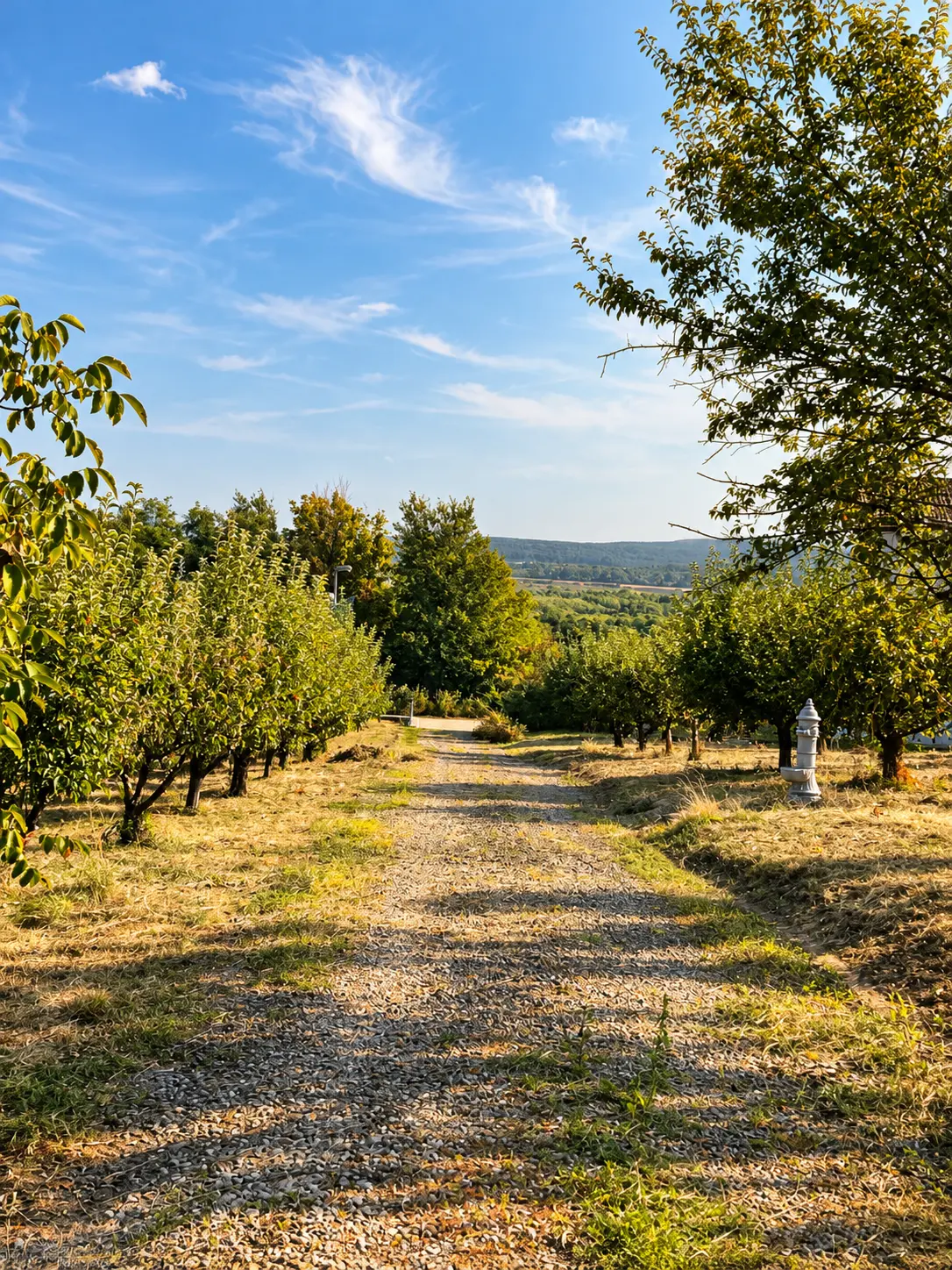 Gravel path descending through the orchard at Manoria Estate
