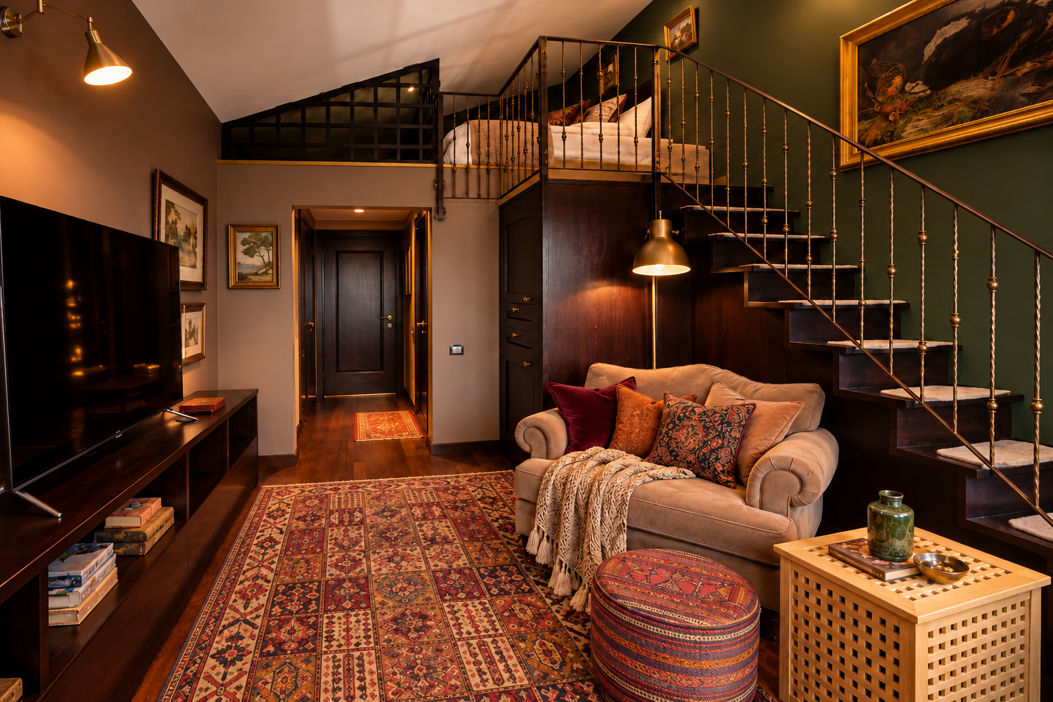 The German Loft sitting area, staircase and king-size bed on the mezzanine