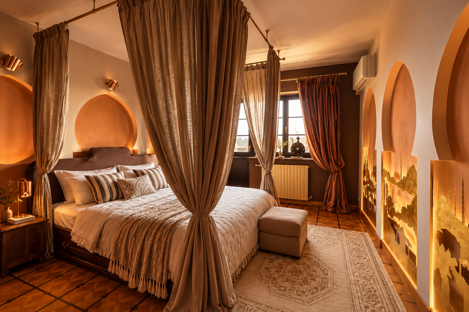 The Oriental Room with a canopy bed and illuminated arches