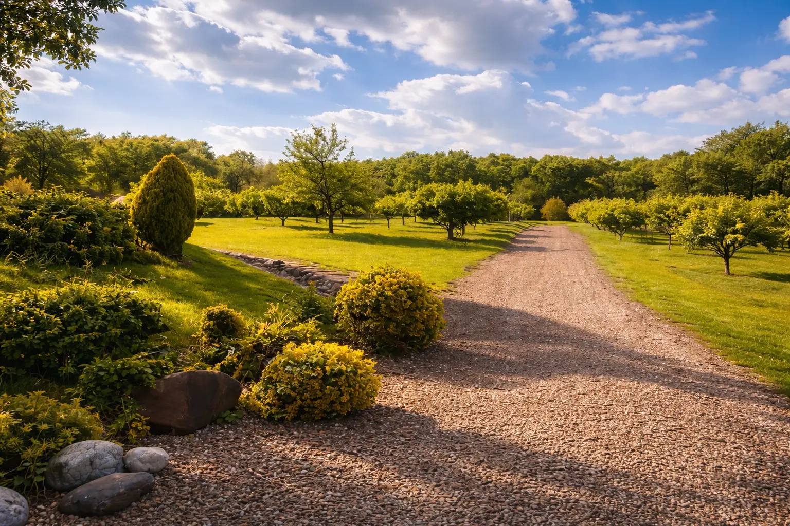 Gravel drive through the orchard at Manoria Estate