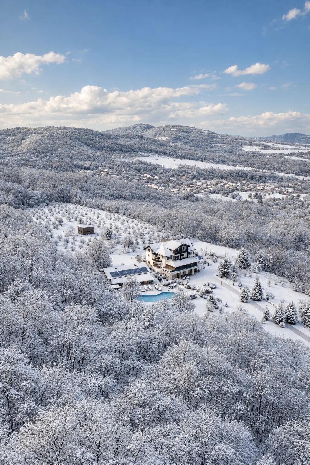 Aerial view of Manoria Estate in winter
