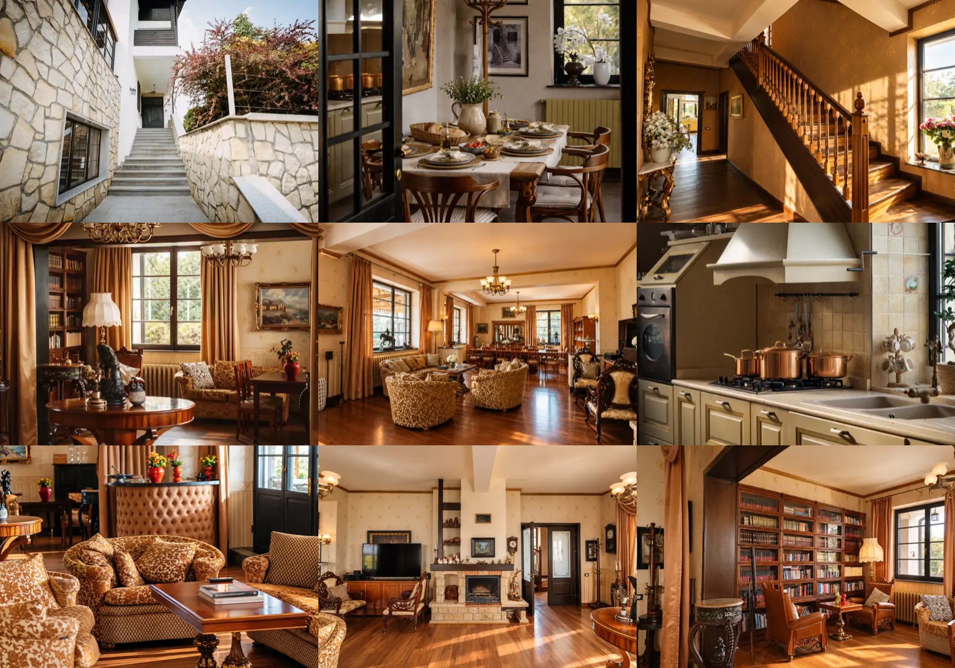 Manoria Estate gallery showing the entrance stairs, dining room, staircase hall, sitting room, living and dining hall, kitchen, bar lounge, fireplace and library