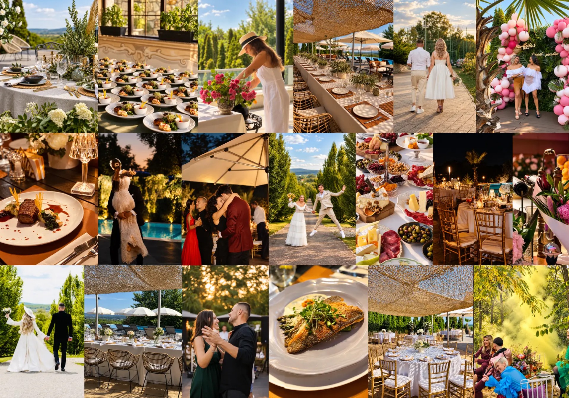 Private events at Manoria Estate: poolside dining, plated dishes, floral arrangements and dancing in the gardens