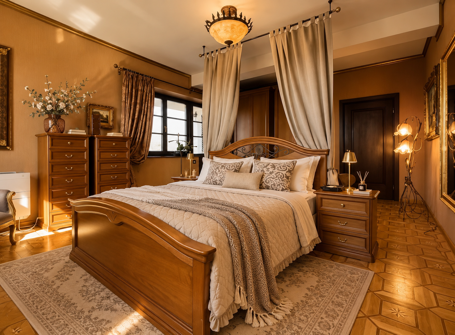 The Roman Suite with a wooden canopy bed, cream curtains and warm sunlight